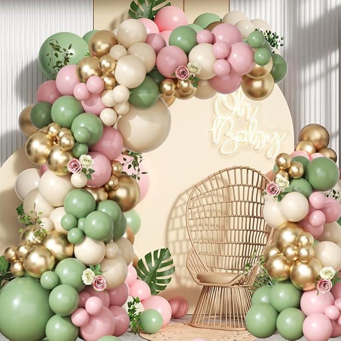 Sage Green Pink Balloon Garland Arch Kit 143pcs White Sand Chrome Gold and Pastel Balloons Garland for Girls Baby in Bloom Baby Shower Mothers Day Jungle Safari Boho Birthday Party Decorations