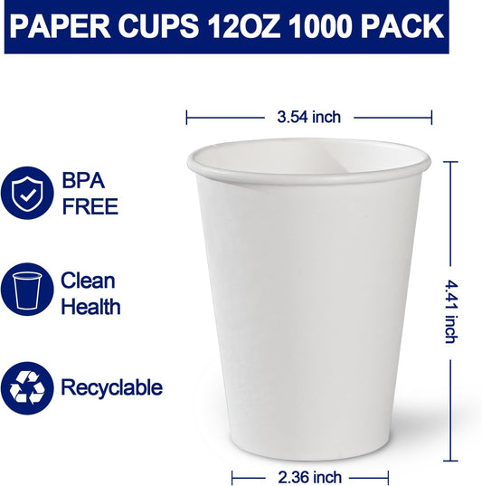 1000 Count - 12 oz Paper Coffee Cups, Disposable Coffee Cups 12 oz, Thickened White Paper Cups for Hot or Cold Beverage, Home, Office, Party, Business, Events