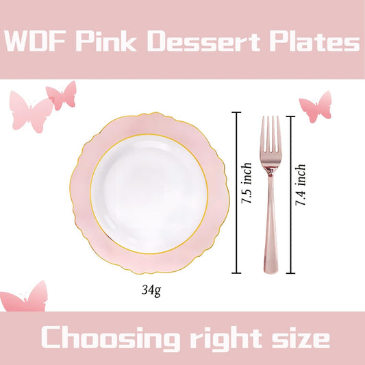 WDF 60pcs Pink Dessert Plates - 7.5inch Baroque Pink &White Disposable Dessert/Appetizer Small Cute Cake Plates for Upscale Parties &Wedding-Special for Bridal Shower, Brithday, Baby Shower