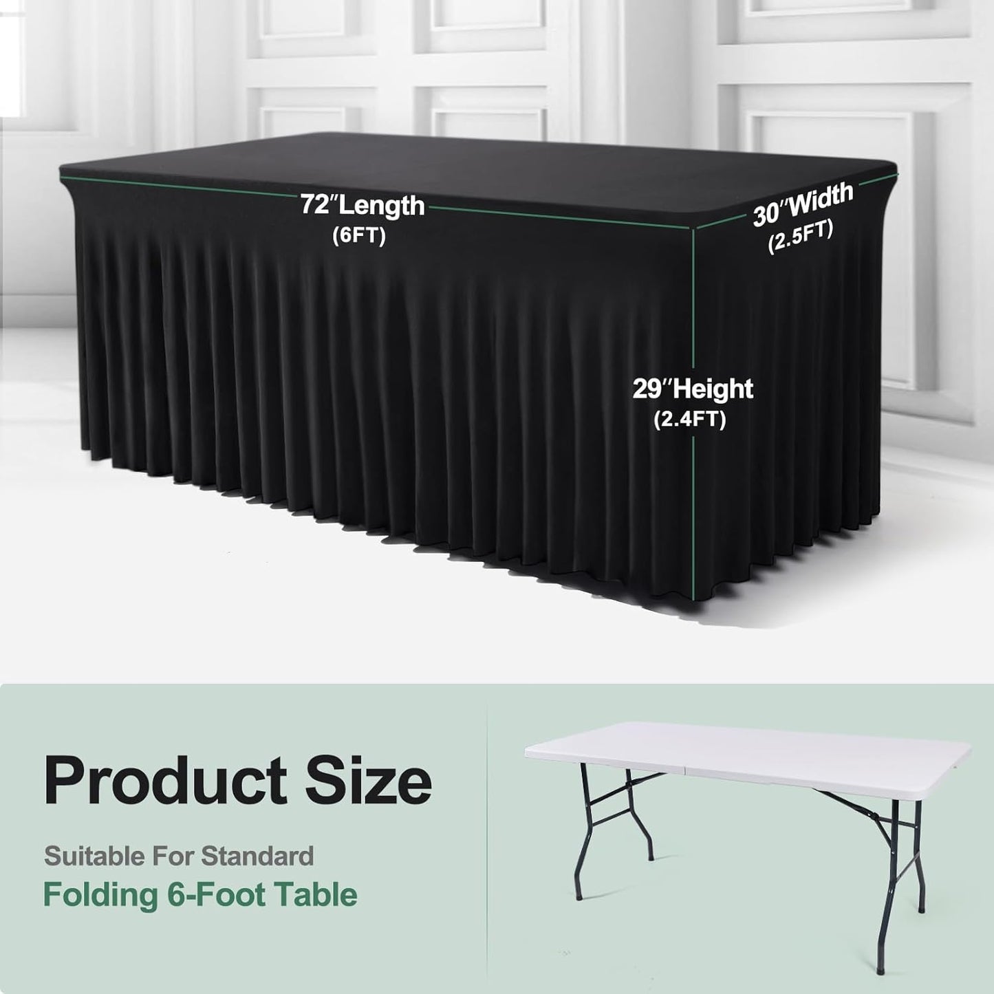 Table Skirts for Rectangle Tables 6ft - One-Piece Black Tablecloths and Skirt, Wrinkle Resistant Ruffles Elastic Cover for Banquets, Weddings, Events, Parties