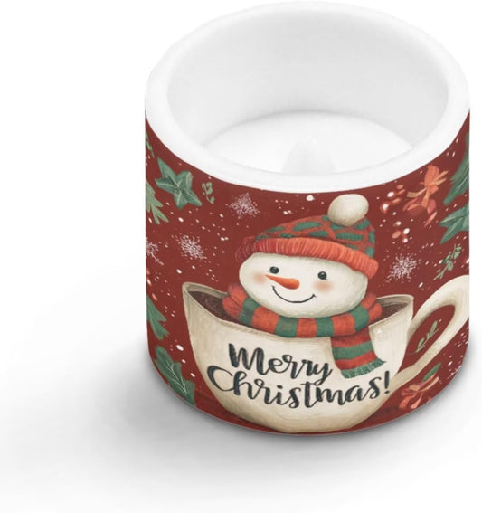 Poceacles Christmas LED Candles Set of 4 Battery Powered Flameless Candles with Multi-Color Lighting Options, Timer Function, for Indoor Outdoor Decor, Snowman Teacup Merry Christmas Red