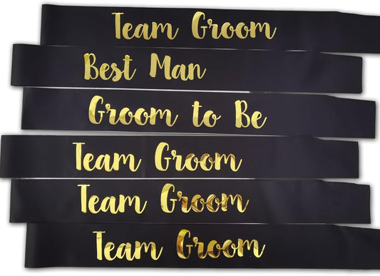 6 PACK Bachelorette Sashes for Groom and Groomsmen, Black Best Men Team Groom Sashes for Men Bachelor Party Decorations Favors Suppiles, Gold Letter