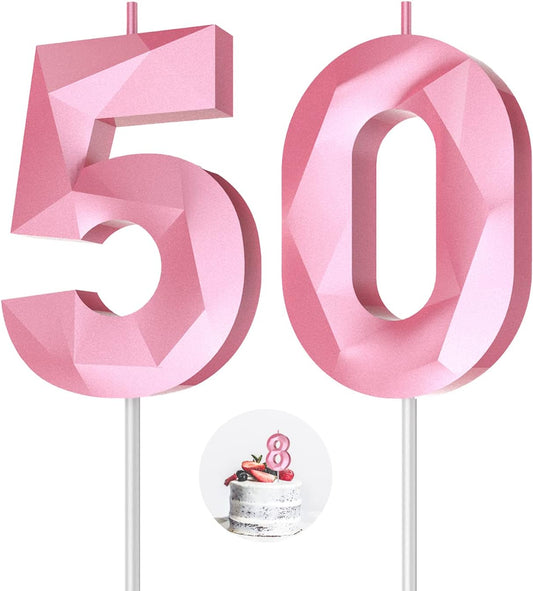 Number Birthday Candles(50 Candle Pink) 3D Diamond Shape 50th Happy Birthday Cake Topper Decorations for Women Men Birthday Wedding Anniversary Celebration Theme Party Supplies