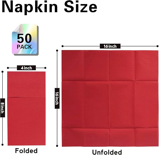 Red Napkins Hand Towels Disposable, Linen-Feel Dinner Napkins with Prefolded Built-in Flatware Pocket, Guest Paper Hand Towels For Wedding, Dinner Or Party (16x16in, 50Pack）
