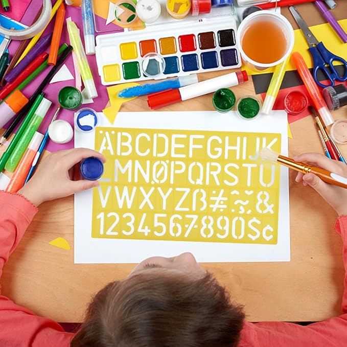 Alphabet Stencils Set of 4, Plastic Letter & Number Stencils 4 Sizes, Ruler Guide Lines for Learning, Painting, Scrapbooking DIY, 4 Colours