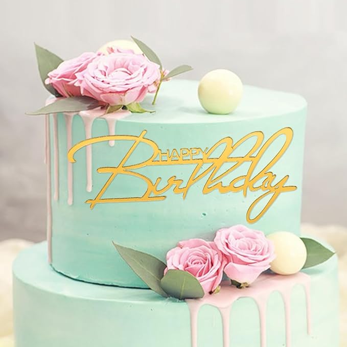 6Styles Gold Happy Birthday Cake Topper, Mirror Acrylic Happy Birthday Sign for Cake Side Decoration Plaque, Glitter Gold Happy Birthday Sign Cake Topper Set for Cake Party Decorating Supplies