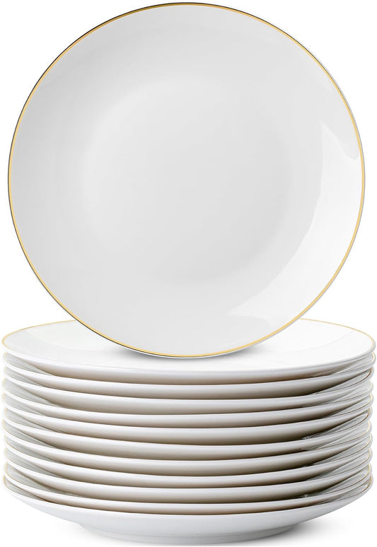 BTaT- White Dessert Plates with Gold Rim, Set of 12, 8", Porcelain, Small Plates for Appetizers, Christmas Gifts