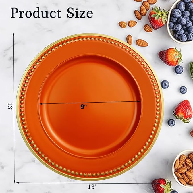 Orange Beaded Charger Plates, Set of 6, 13 Inch Plastic Round Chargers for Dinner Plates, Party, Wedding, Birthday.(Orange. 6)