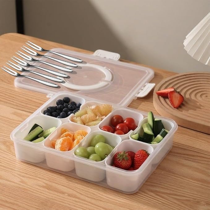 Snackle Box Container,8 Compartment Divided Serving Tray with Lid and Handle,6 Fruit Forks,Dishwasher Safe, BPA-Free,reusable snack containers with lids for Fruits,Nuts,Candy,Party,Picnic