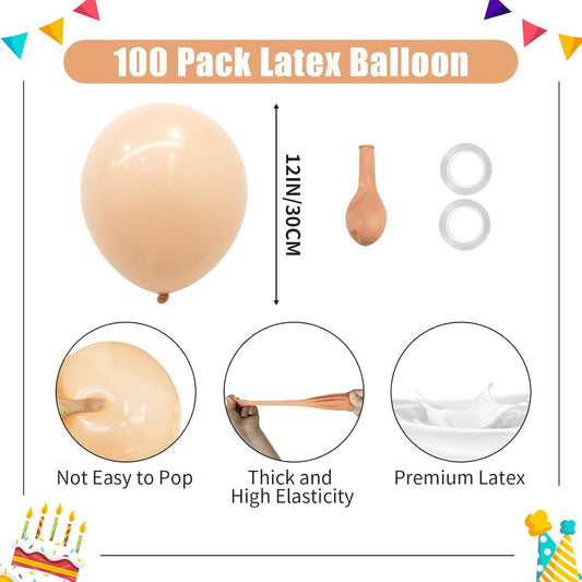 Nude Balloons - 12 inch 100pcs Latex - Round Neutral Boho Birthday with 2 Ribbons, Helium Apricot Balloons for Birthday Party, Wedding, Anniversary, Baby Shower Decorations