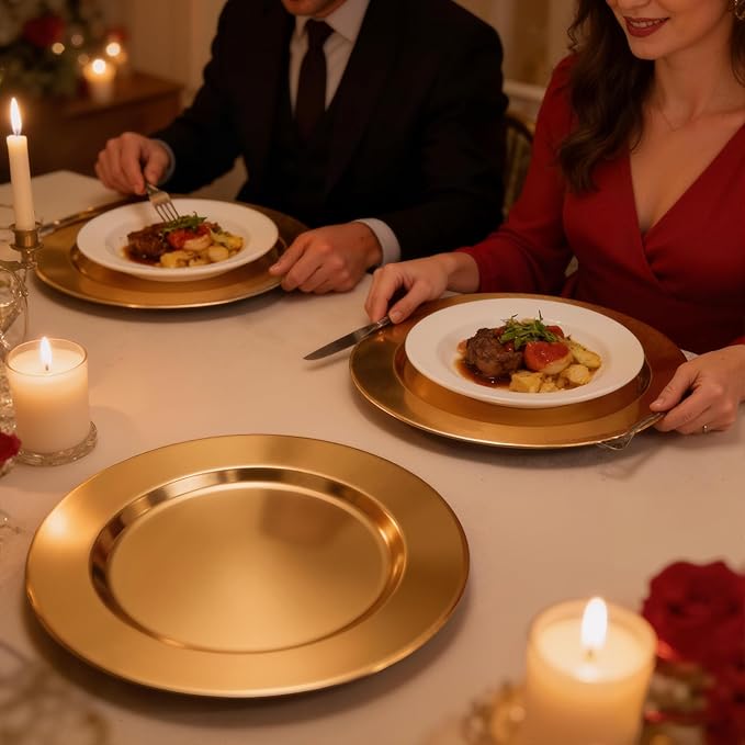 6 Pack 13'' Gold Dinner Charger Plates Set, Reusable Stainless Steel Round Plate Chargers Bulk for Easter Elegantes Party Wedding