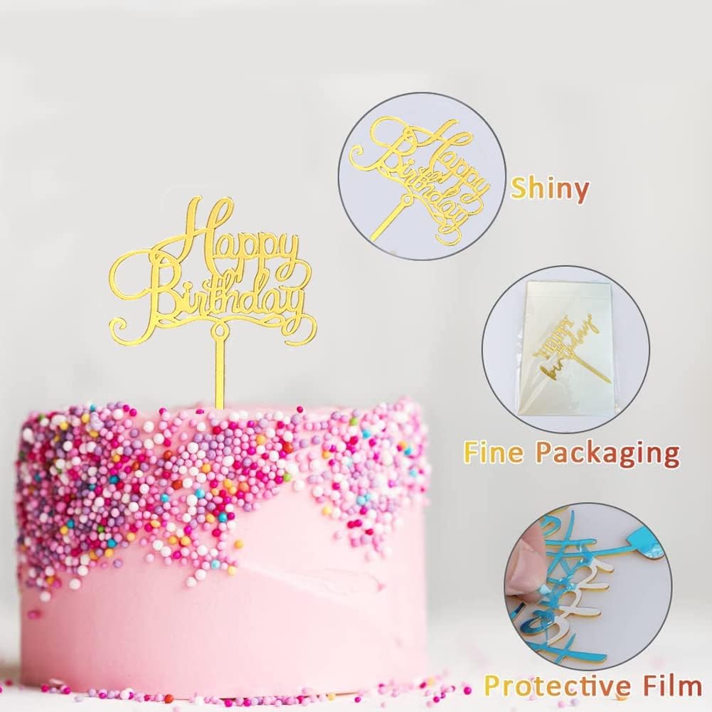 12Pcs Acrylic Happy Birthday Cake Toppers,Gold Double-Sided Cake Topper Cake Decoration for Birthday Party Cake Desserts