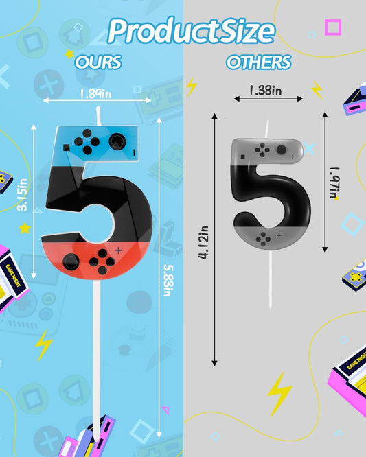 Number 5 Level Birthday Candles, 2.68 inch Gamer Candles, Red Blue Birthday Candles, Game Controller Gamepad Candles,Video Game Controller Themed Kids Boy Girl Party Supplies