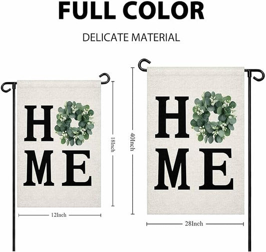 Garden Flag Home Green Eucalyptus Leaves Garland,Welcome House Flags for Outdoor Yard Porch, Retro Linen Double Sided Holiday Banner for Party Home Decor