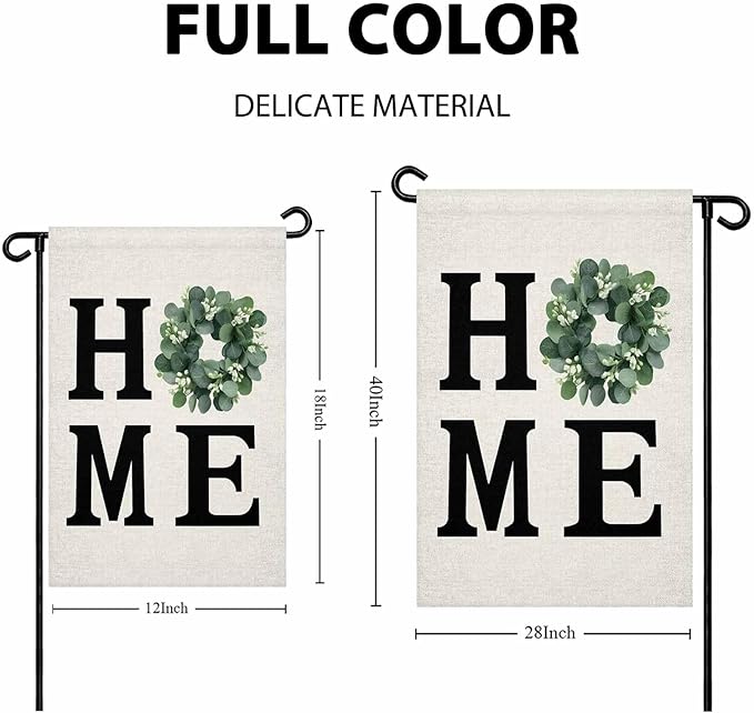 Garden Flag Home Green Eucalyptus Leaves Garland,Welcome House Flags for Outdoor Yard Porch, Retro Linen Double Sided Holiday Banner for Party Home Decor