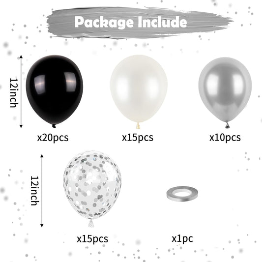 Black and Silver Balloons, Metallic Silver and Black Balloons Pearl Silver Confetti Balloons Party Balloons Chrome Latex Balloons for Kids Adults Birthday Wedding Baby Shower Graduation