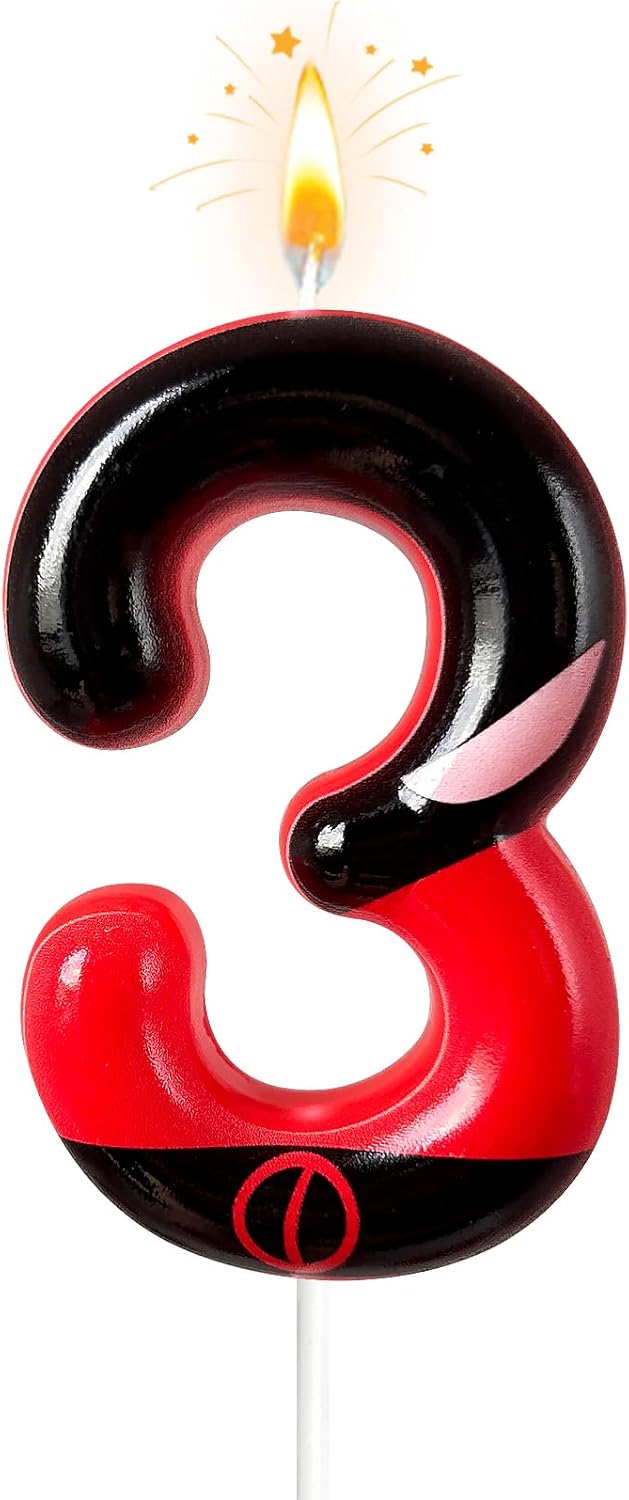 Black Red Mask Number 3 Birthday Candles - Comic Themed Cake Topper for Birthday Decorations Supplies, 3 Candle Party Favors (Number 3)