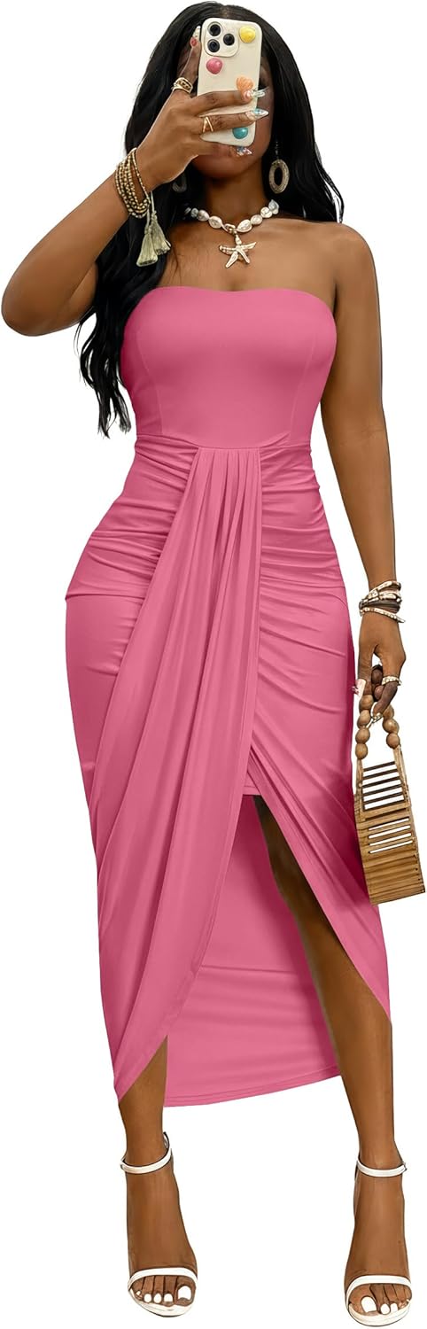 Umenlele Women's Strapless Ruched High Waist Wrap Split Asymmetrical Beach Maxi Long Dress