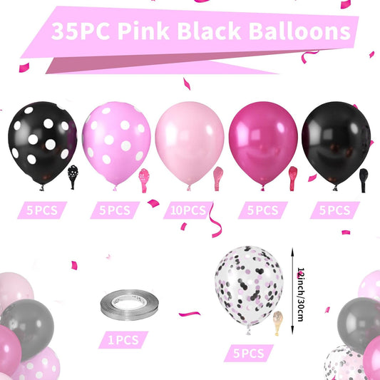 Pink and Black Balloons, Hot Pink Balloons White Dots Black White Dots Balloon with Confetti Balloon for Girls Women Birthday Baby Bridal Shower Wedding Theme Party Decorations