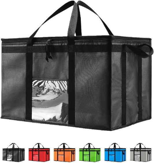 Insulated Cooler Bag and Food Warmer (3XL, 4 Pack) for Delivery & Grocery Shopping with Zippered Top, Black