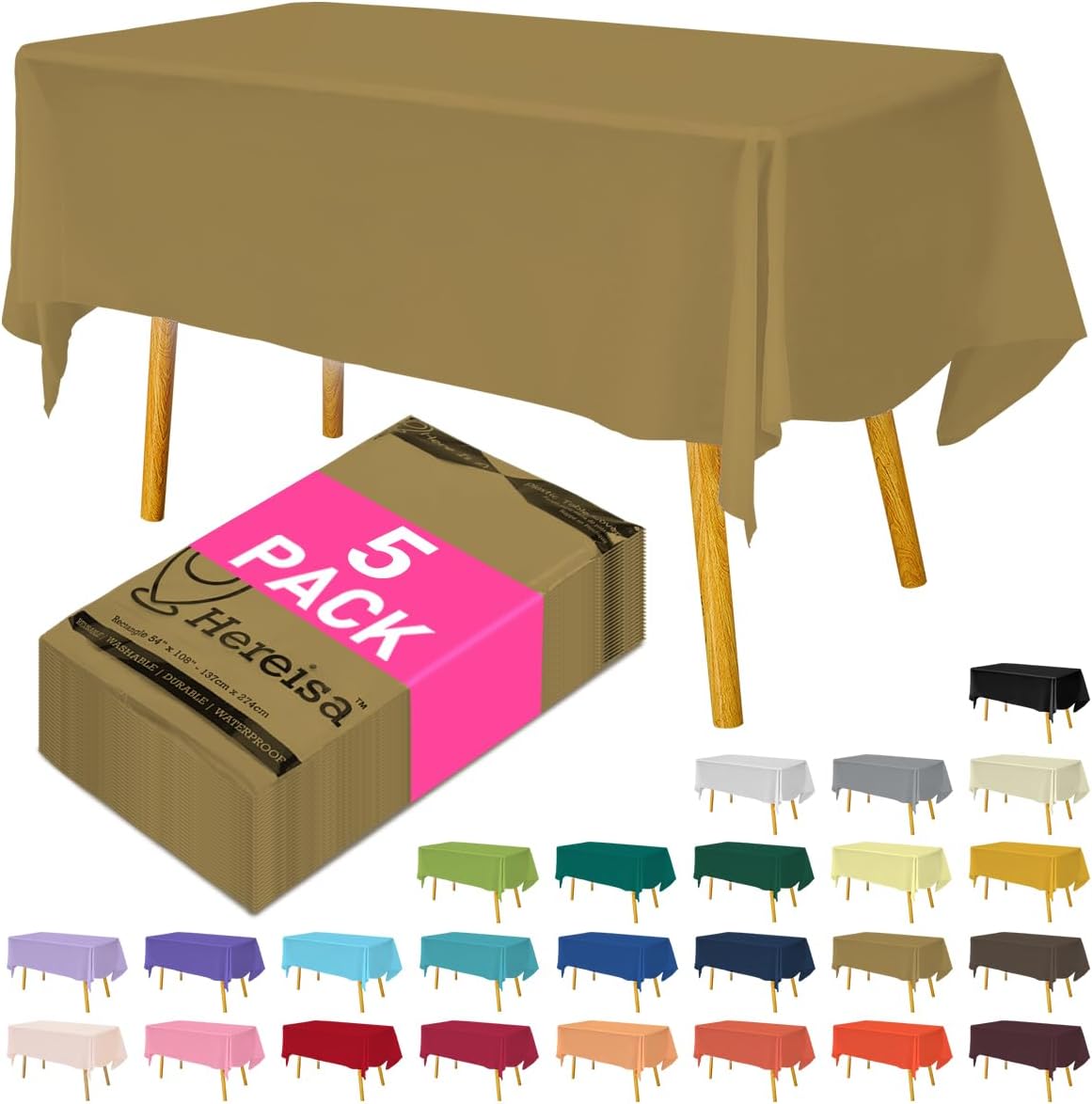 Disposable Plastic Tablecloth Gold 54x108 Inch, 5-Pack Waterproof Rectangular Table Cover for Parties, Picnics, Dining Protection