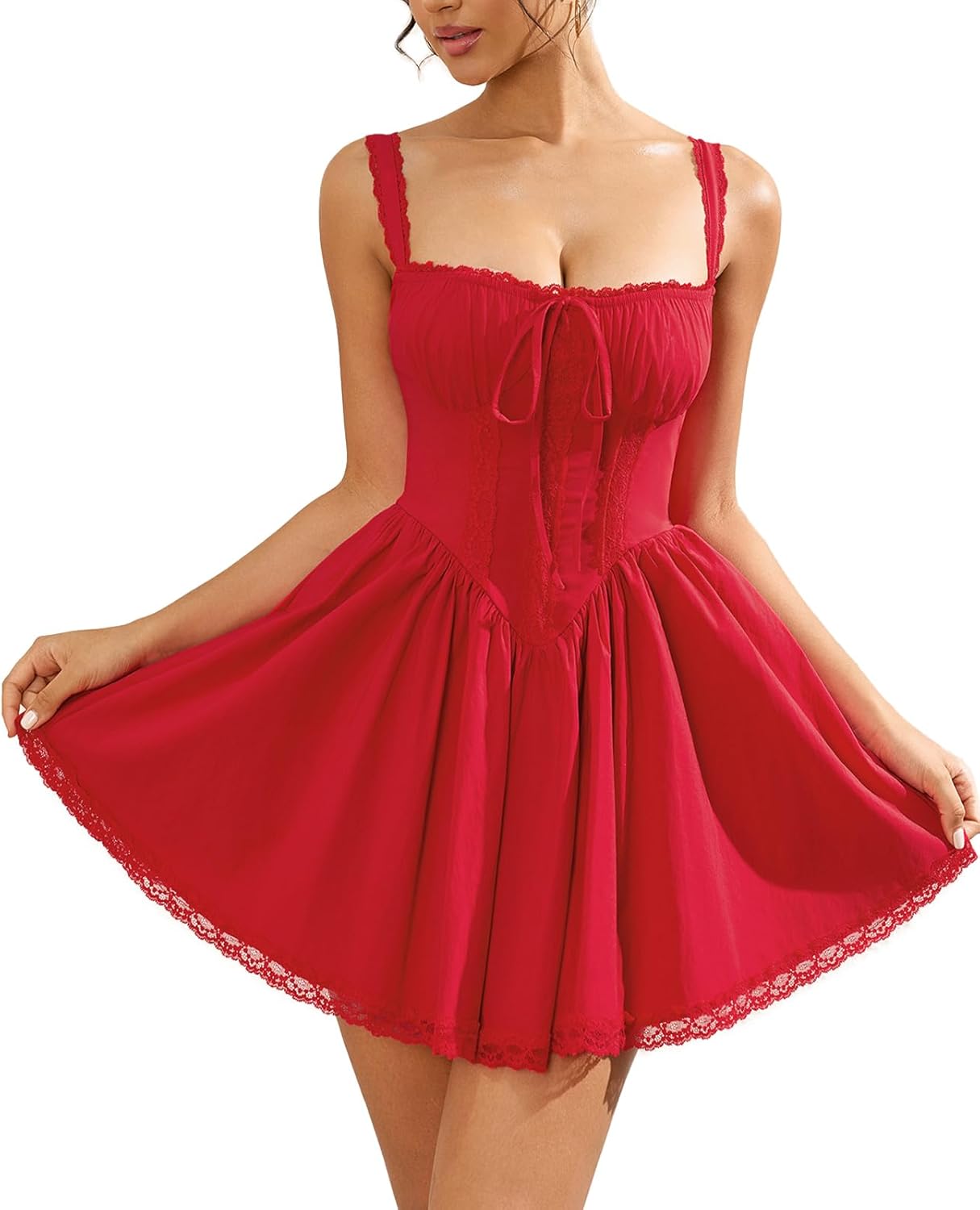 Womens Summer Mini Dress Square Neck Tie Front Lace Spliced Ruched Backless Casual Party Graduation Short Bodycon Dresses