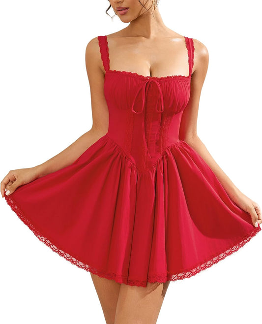 Womens Summer Mini Dress Square Neck Tie Front Lace Spliced Ruched Backless Casual Party Graduation Short Bodycon Dresses