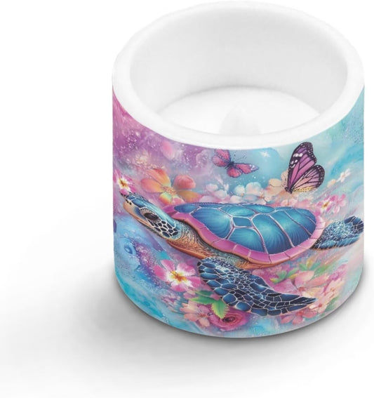Poceacles Flameless LED Candles Set of 4 Battery Operated Candles with Remote and Timer, Realistic Flickering Tealights for Indoor Outdoor Decor, Sea Turtle Butterfly Flower Marble Violet Blue