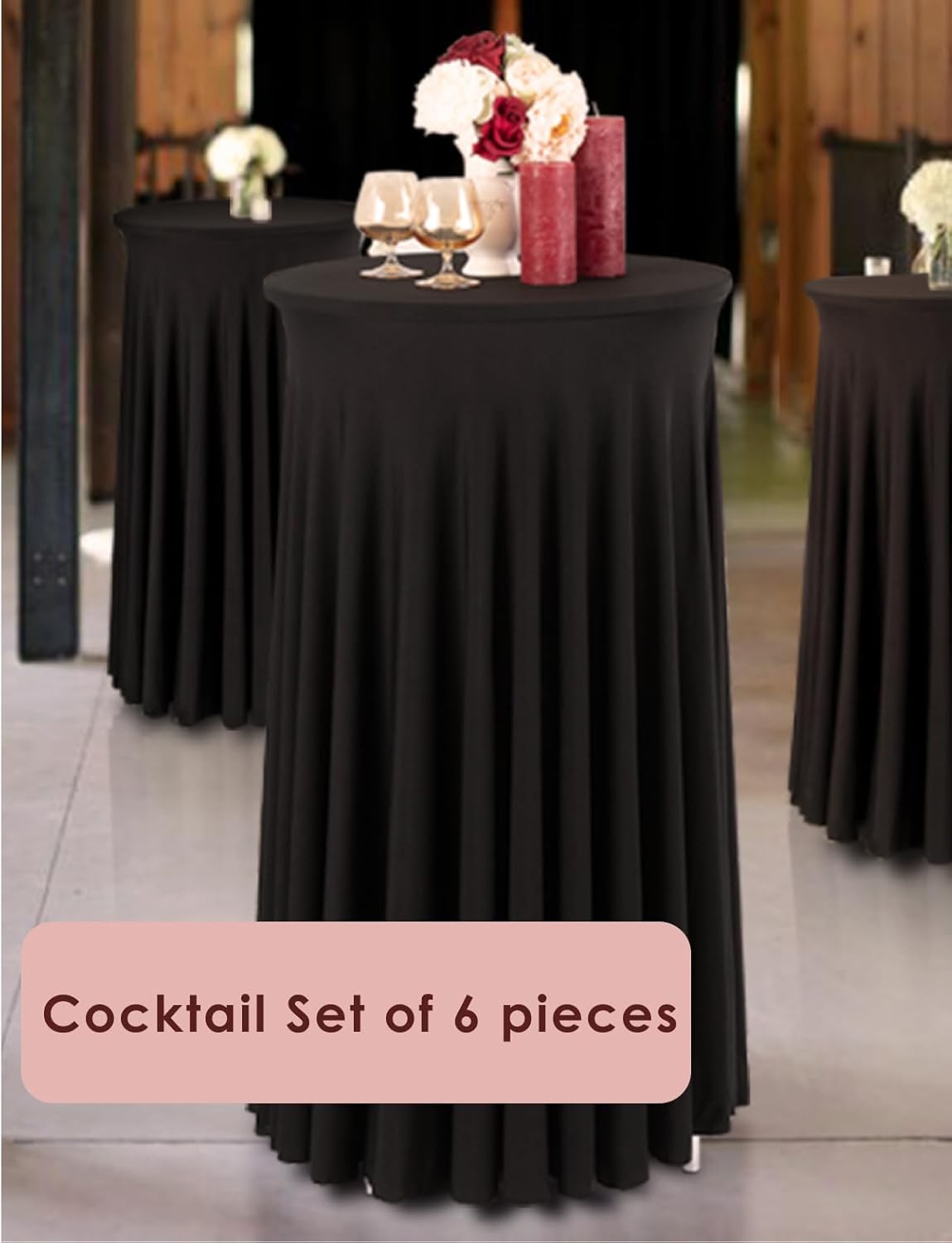Your Magic Moment Black Round Tablecloth Set of 6, 23.6 Inch Diameter x 43.3 Inch Height, Polyester/Spandex, Fitted, Elegant Wavy, Cocktail Party