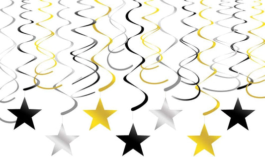 Gold Silver Black Star Swirl Decorations - Hanging Metallic Plastic Streamers for Graduation Birthday Wedding, Pack of 30
