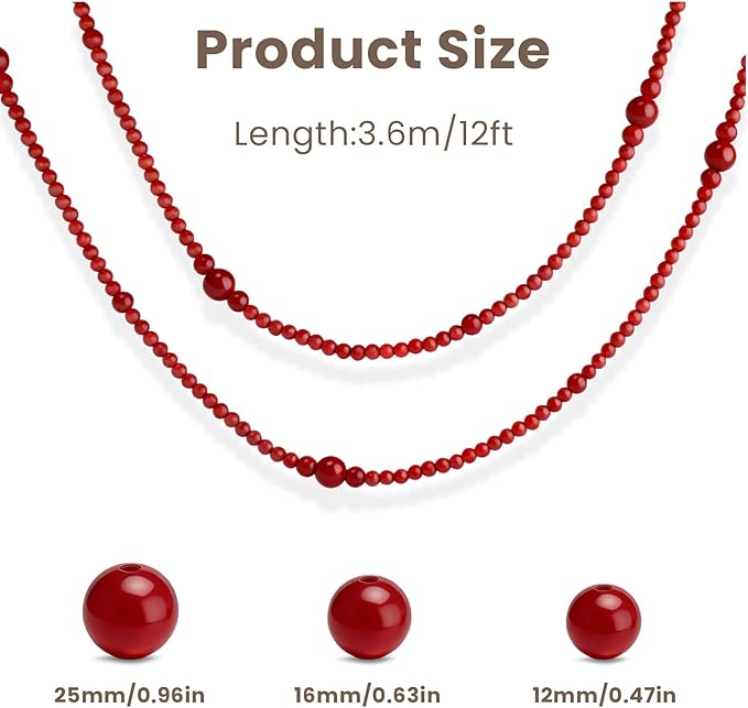 2PCS Christmas Wood Beads Garland 24 Feet Wooden Bead Garland Boho Ornaments for Christmas Tree, Xmas Vintage Rustic Farmhouse Round Craft Bead Hanging Holiday Decorations(Red)