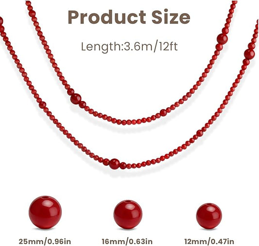 2PCS Christmas Wood Beads Garland 24 Feet Wooden Bead Garland Boho Ornaments for Christmas Tree, Xmas Vintage Rustic Farmhouse Round Craft Bead Hanging Holiday Decorations(Red)