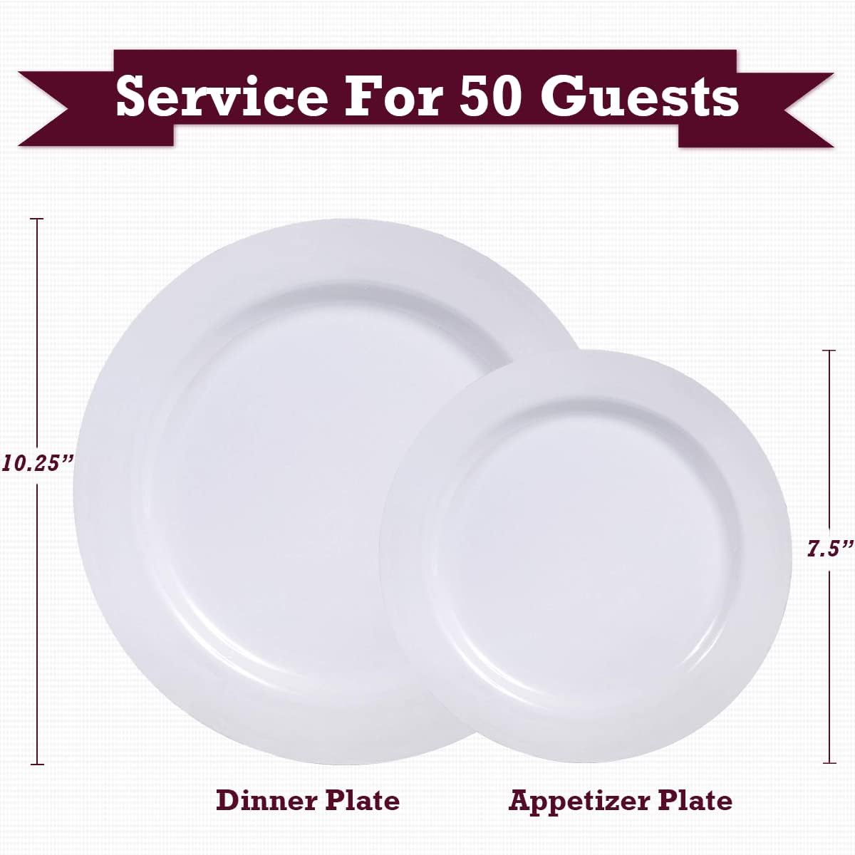 100 Piece Plastic Party Plates White, 50 Premium Heavy Duty 10.25 Inch Dinner Plates and 50 Disposable 7.5 Inch Dessert Appetizer Elegant Fancy Heavy Duty Wedding Plates