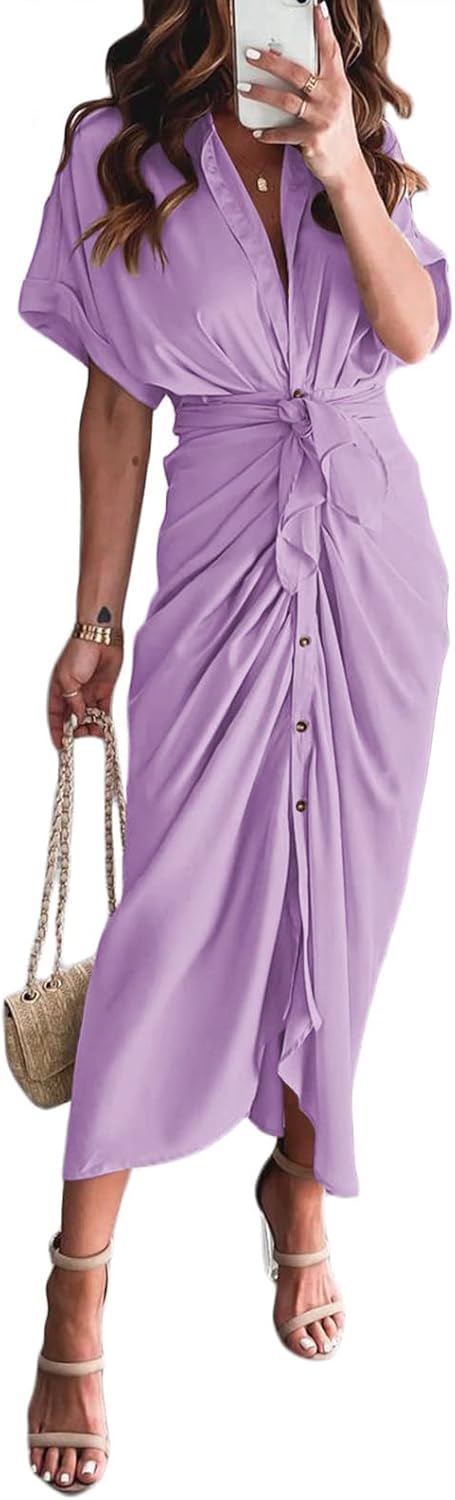 Women Elegant Satin Button Down Short Sleeve Maxi Shirt Dress with Belt