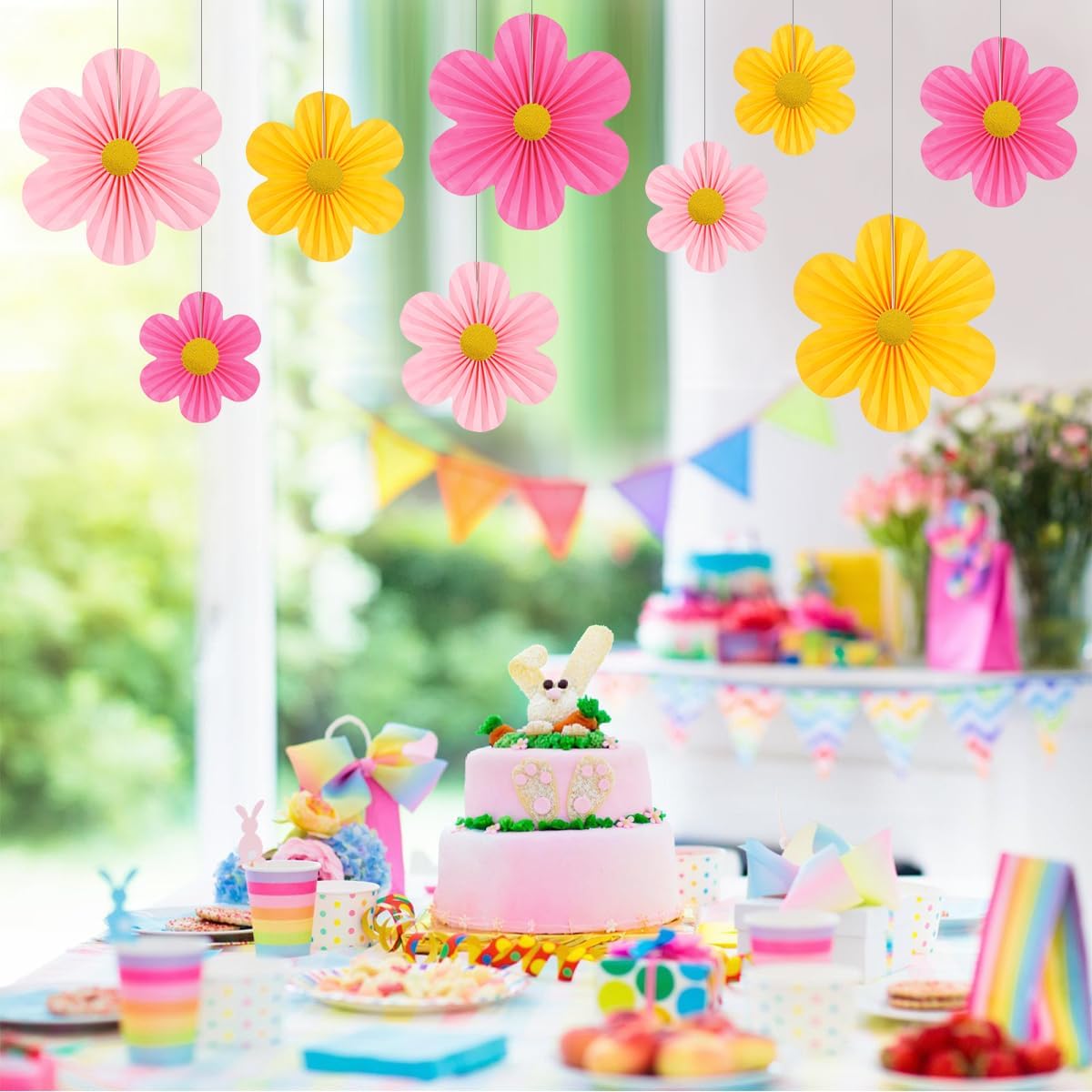 Pink Party Decorations Paper Flowers Decorations for Wall Classroom Paper Fans Floral Backdrop Flower Wall Decor Pack of 9 Pink Yellow