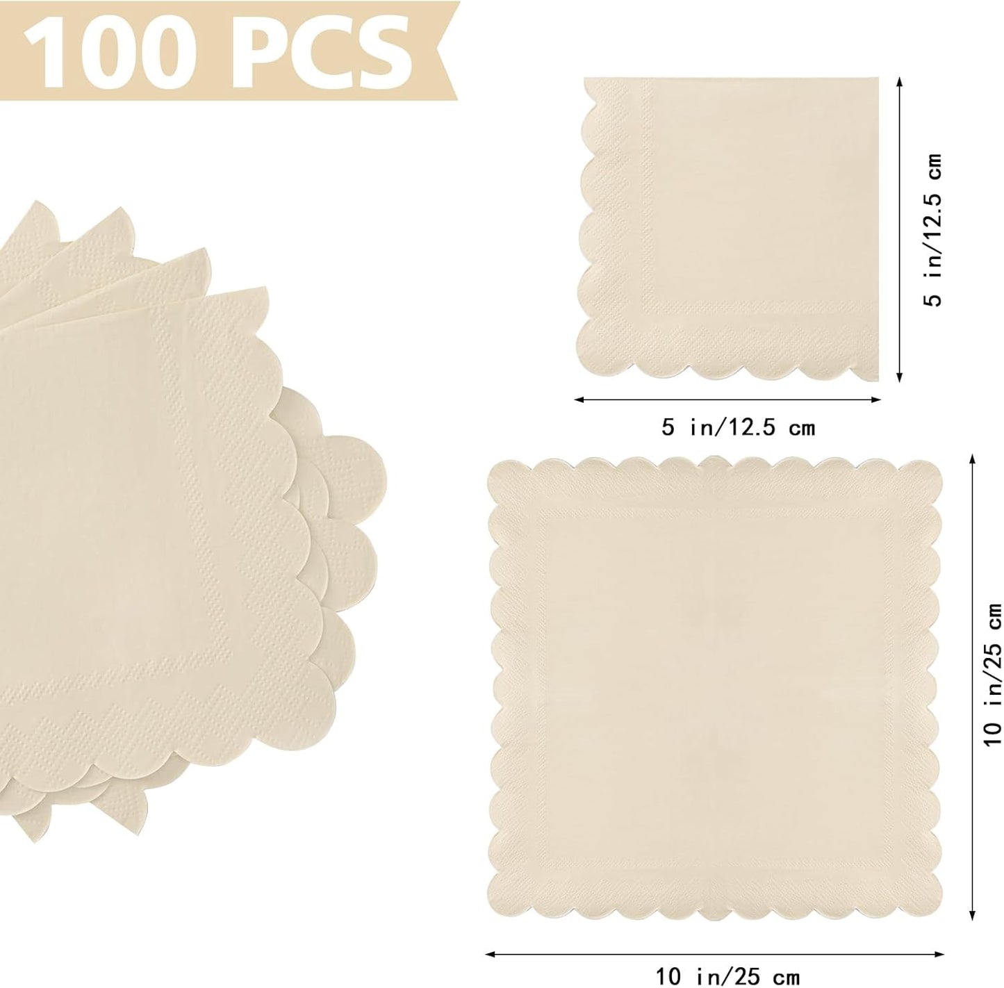 100 Cream Scalloped Cocktail Napkins, 3 Ply 5 x 5 Inch Beverage Napkins Paper Napkins Disposable Luncheon Napkins for Wedding Birthday Party Bridal Anniversary Baby Shower