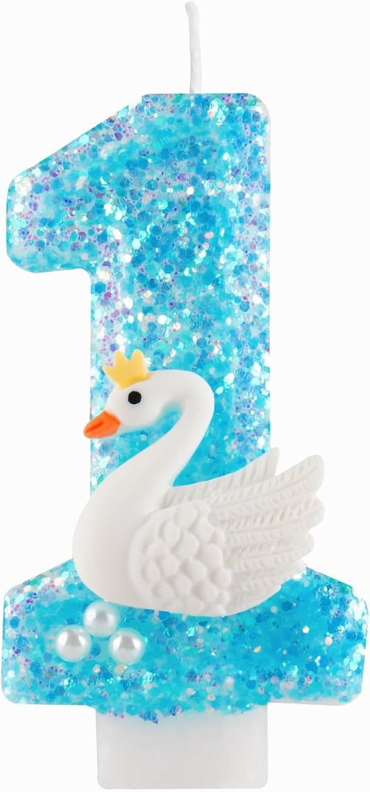 Girls Glitter 1 Birthday Number Candle, Blue Lake White Pearls Swan Themed Birthday Decorations Party Favors Number 1 Candle Cake Topper