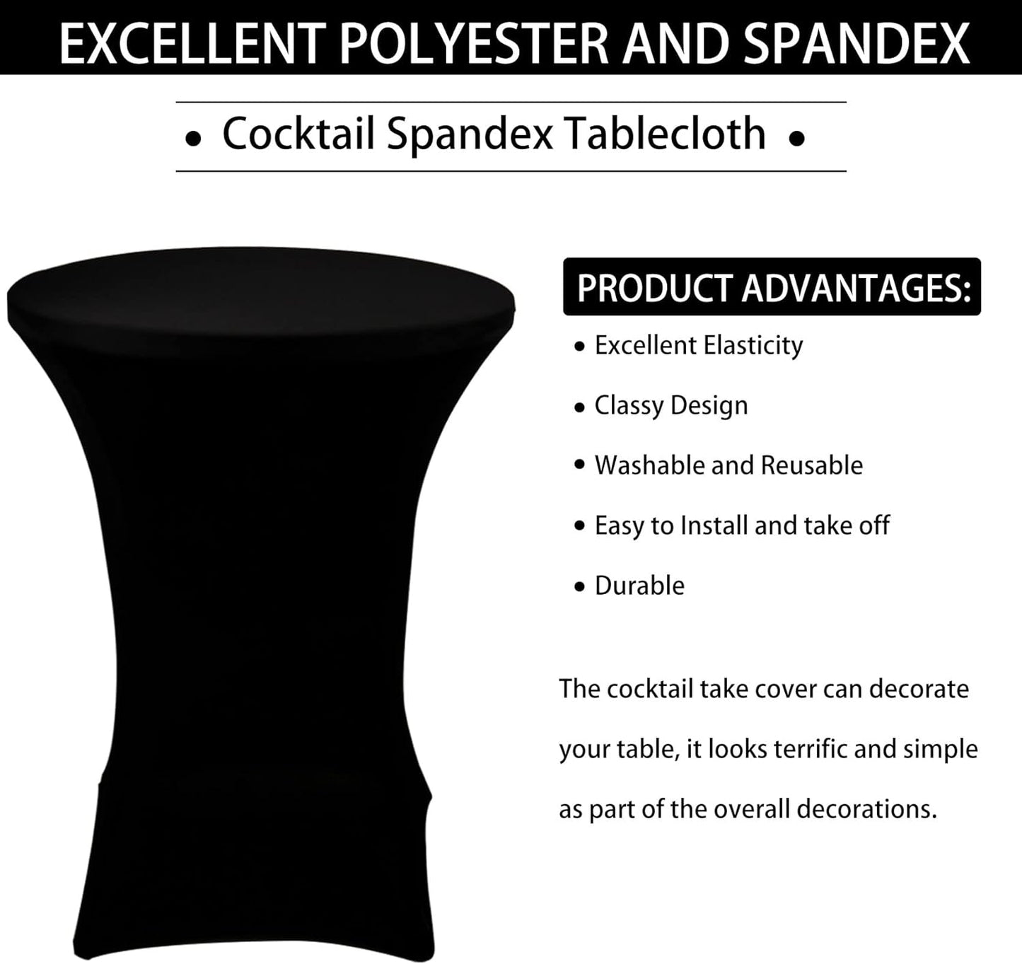 6 Pack Cocktail Spandex Tablecloth 32"x43" Black Stretch Square Corners Cocktail Table Cover Fitted High Top Round Table for Bar Wedding Birthday Party Banquet