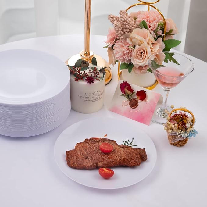 Hioasis 100pcs White Plastic Plates for Party - 7.5" Dinner Plates Disposable, Heavy -duty, Classy and Elegant for Wedding and Wedding