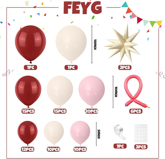Retro Red Dusty Pink Balloon Arch Kit, Red Sand White Mist Pink Balloon Garland Bow Party Set with Cream Star Balloons for Birthday Anniversary Wedding Baby Shower Party Supplies