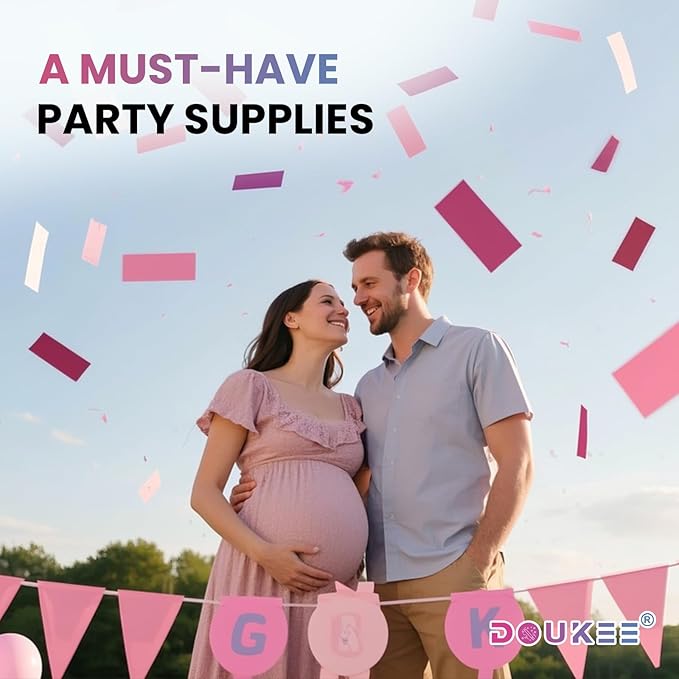Gender Reveal Pink Confetti Cannon, DOUKEE Baby Shower Pink only Biodegradable Confetti Poppers for Girl Baby Reveal Party - 2 Set