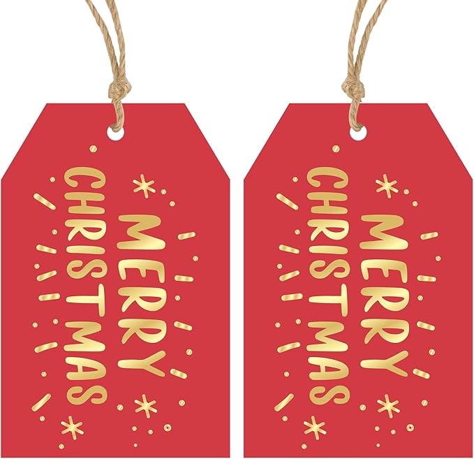 Anwyll Christmas Gift Tags with String - 50Pcs Gold and Red Merry Christmas Tags for Gifts Xmas Gift Tag Happy Holidays Hang Paper Label Tag for Present Wrapping Treat Goodie Bag Holiday Party Favors