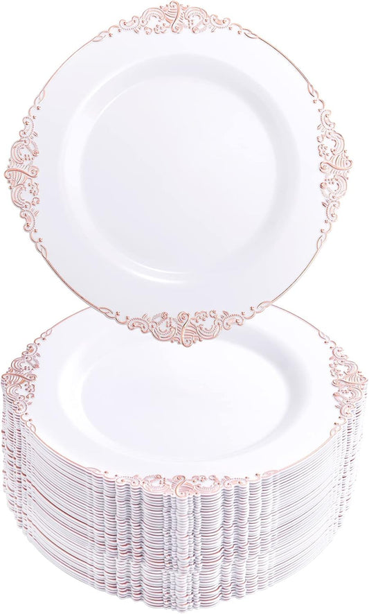 Morejoy 100pcs Plastic Plates - Disposable - 7.5 inch White and Rose Gold Dessert Plates for Weddings & Parties & Shower