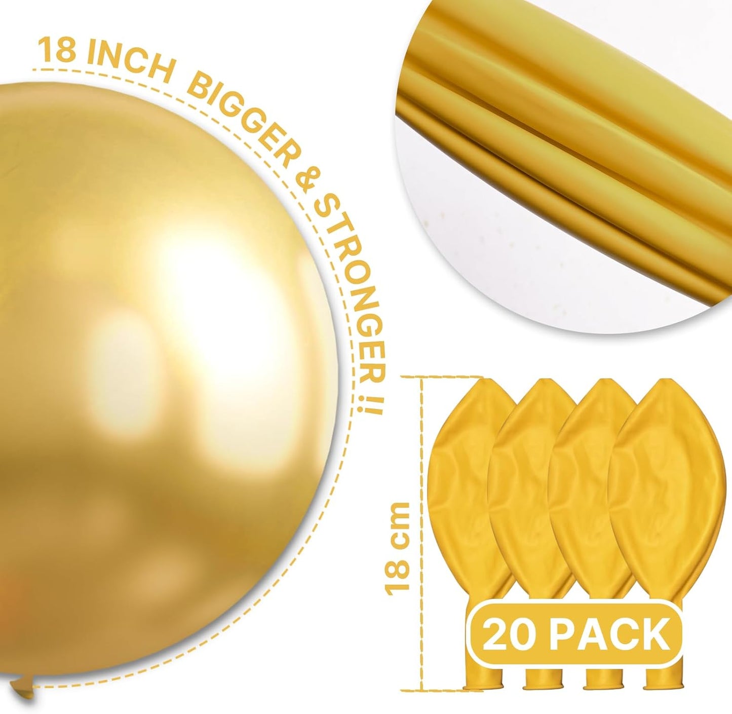 PartyWoo Metallic Gold Balloons 20 pcs 18 Inch Large Big Jumbo Giant Chrome Gold Latex Helium Balloons for Graduation Baby Shower Christmas Wedding New Year Birthday Party Decorations Gold-G101
