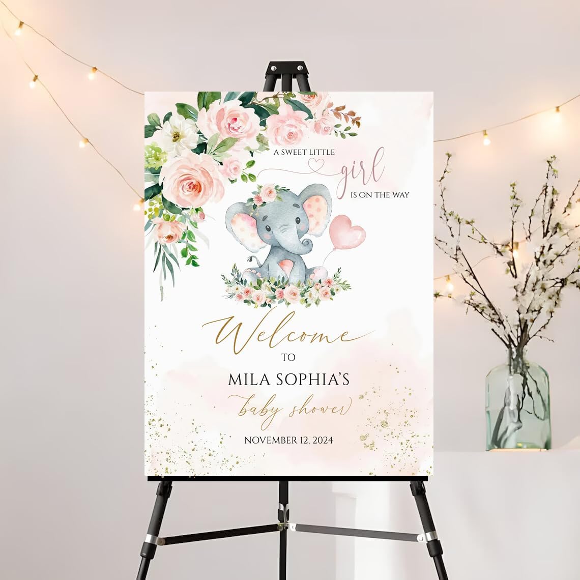 Editable Elephant Baby Shower Welcome Sign, Pink Floral Elephant Baby Shower Poster, Personalized Welcome Signs for Baby, Baby Shower Decoration for Girl