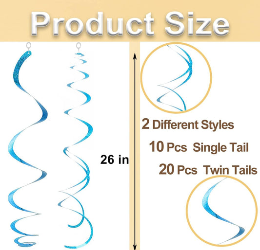 30 pcs Blue Hanging Swirl Decorations Swirls Party Decorations Plastic Party Streamer for Ceiling, 26"