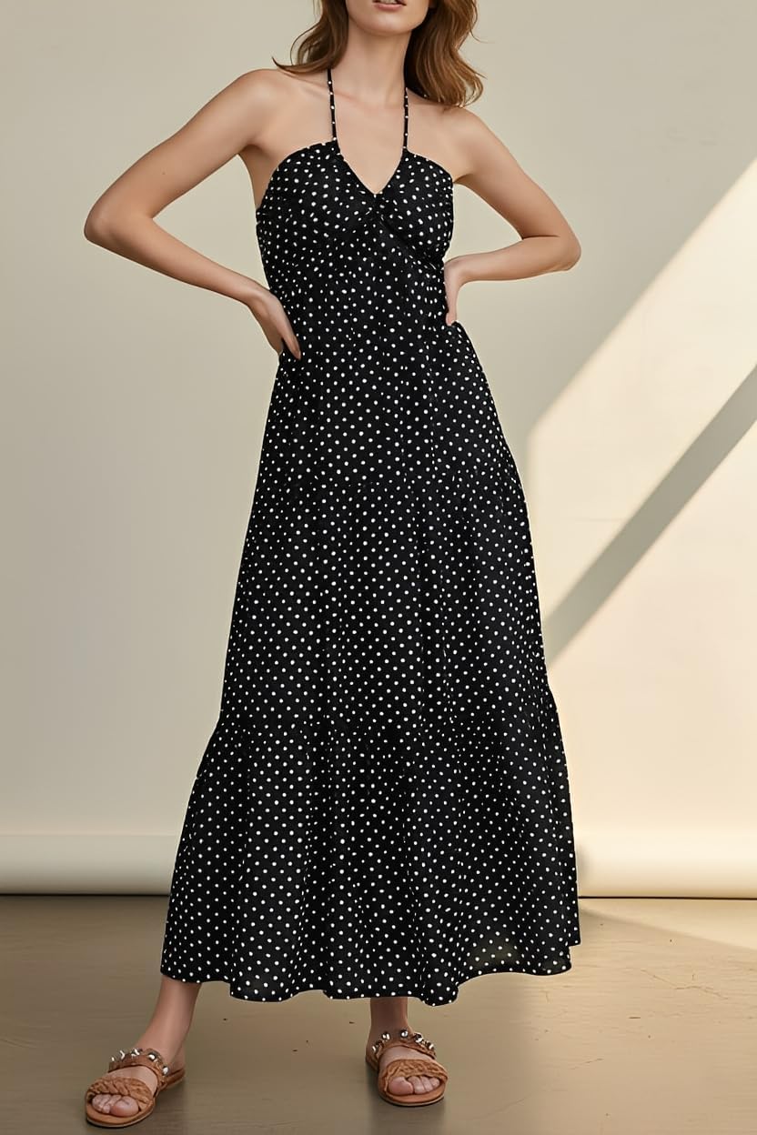 Women's Casual Halter Tiered Vacation Maxi Dress with Pockets