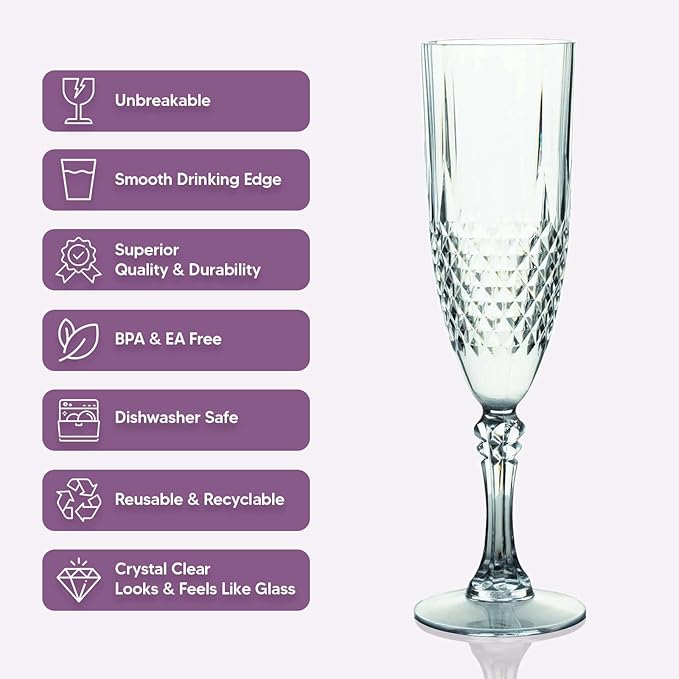 Efavormart 6-Pack Champagne Glasses, 8oz Shatterproof Plastic Crystal Cut Toast Flutes, Clear for Party Celebration Wedding