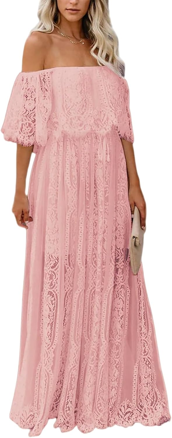 HOYISHION Women's Off The Shoulder Floral Lace Maxi Dress White Bridesmaid Wedding Party Maternity Photoshoot Long Dresses
