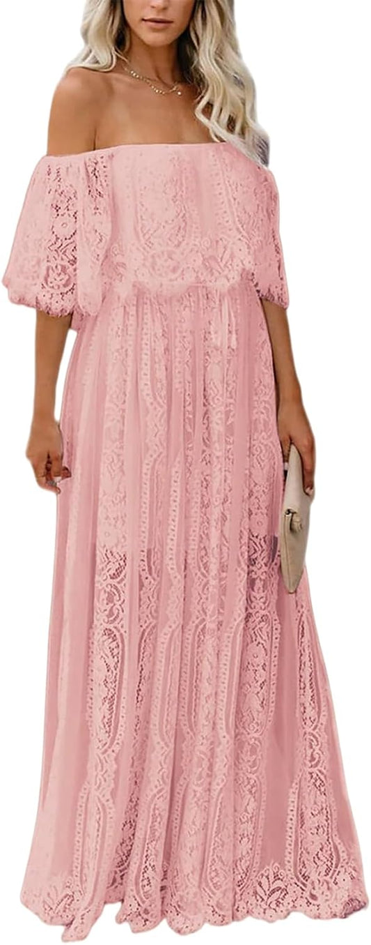 HOYISHION Women's Off The Shoulder Floral Lace Maxi Dress White Bridesmaid Wedding Party Maternity Photoshoot Long Dresses